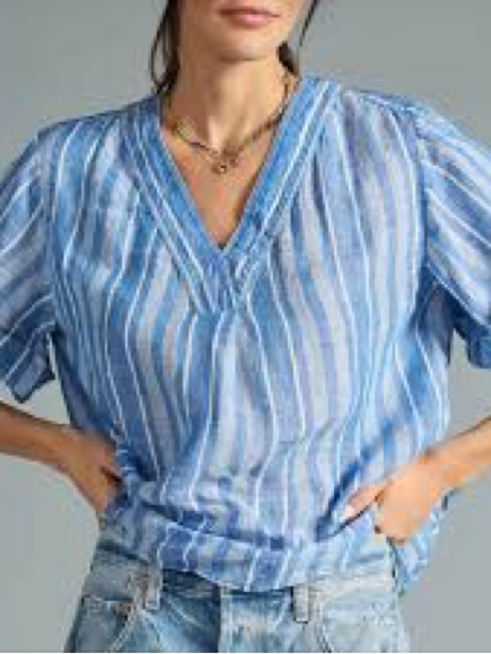 Pilcro Blue Striped V-Neck Short Sleeve Top